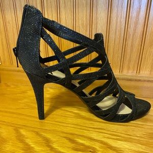 Black shimmer sparkle straps heels